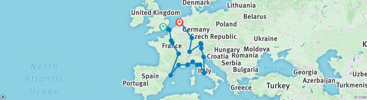 Image of a map showing the route of the tour