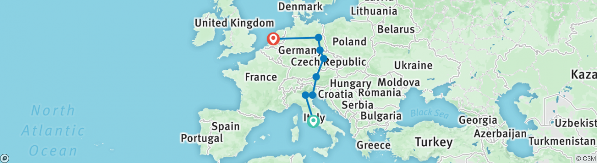 Image of a map showing the route of the tour