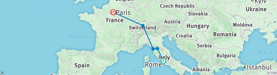 Image of a map showing the route of the tour