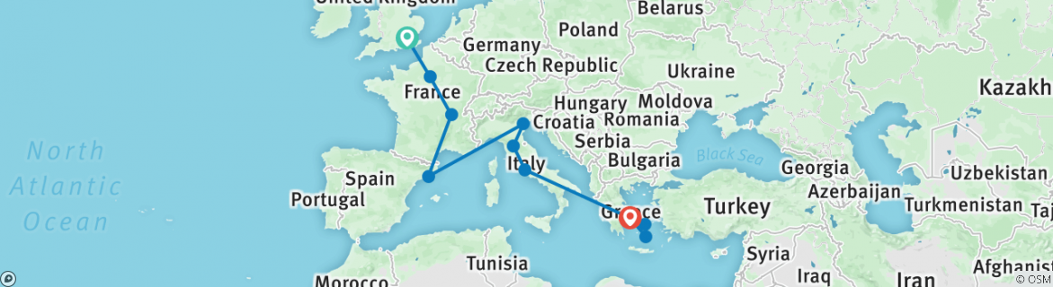 Image of a map showing the route of the tour
