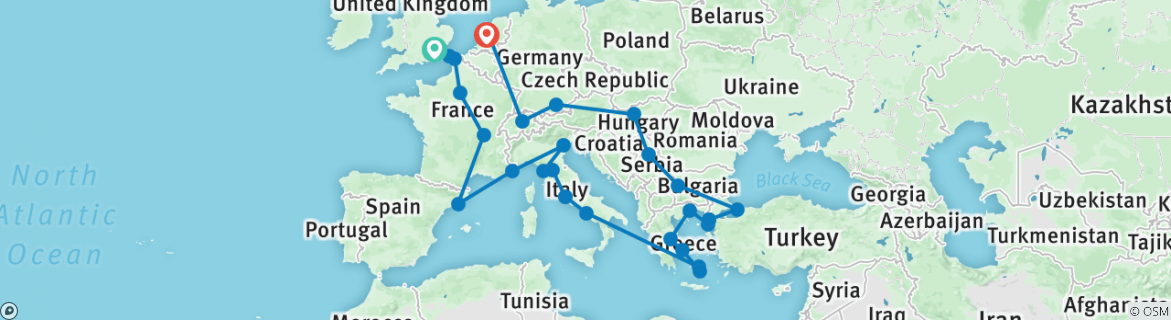 Image of a map showing the route of the tour