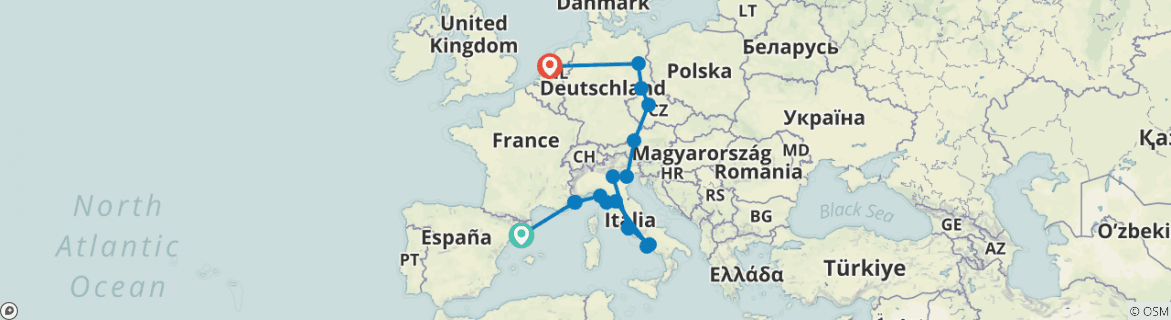 Image of a map showing the route of the tour