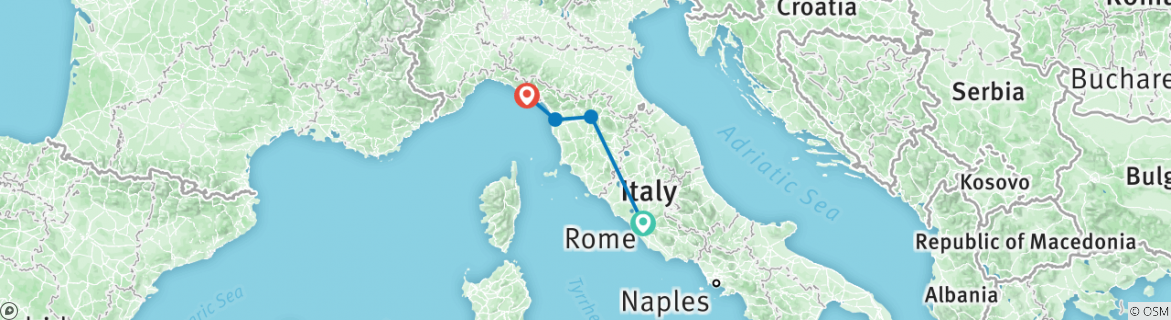 Image of a map showing the route of the tour