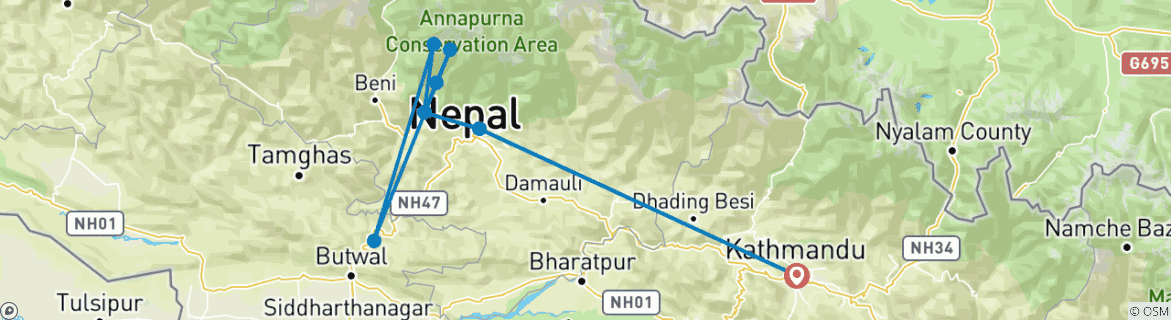 Carte du circuit Trek court du camp de base de l'Annapurna 7 jours