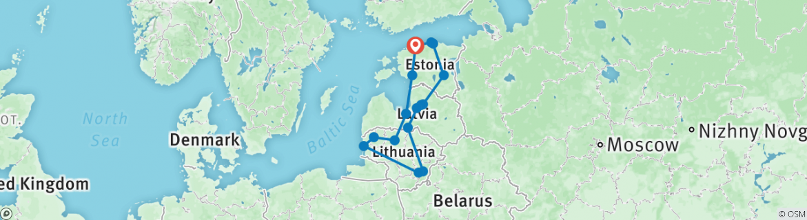 Image of a map showing the route of the tour