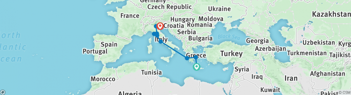 Image of a map showing the route of the tour