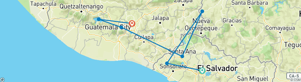 Image of a map showing the route of the tour