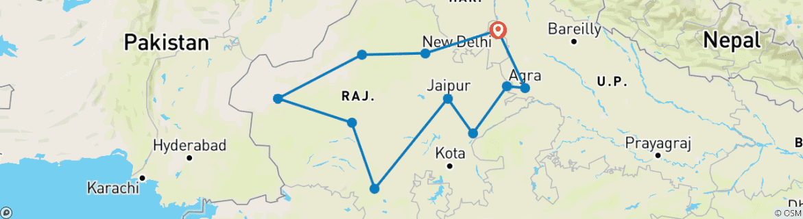 Image of a map showing the route of the tour