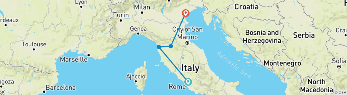 Image of a map showing the route of the tour