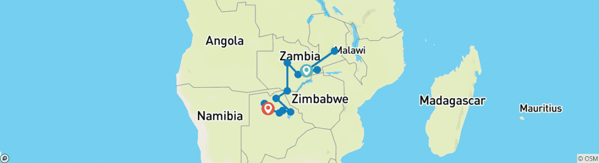 Image of a map showing the route of the tour