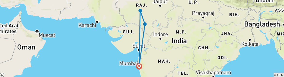 Image of a map showing the route of the tour