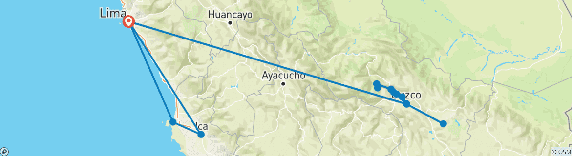 Carte du circuit Inca Adventures - 7 jours (Lima et Cusco - Machu Picchu) avec vols intérieurs