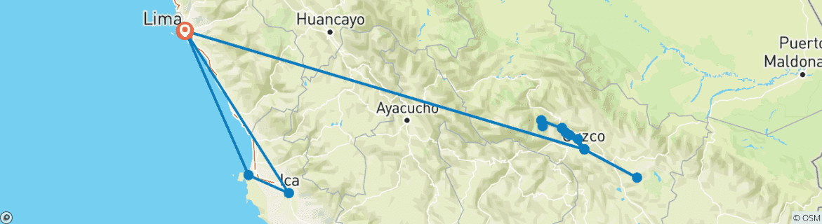 Mapa de Aventuras Incas - 7 Días (Lima, Paracas, Ica, Cusco, Machu Picchu y Montaña Arco Iris) - Con Vuelos Nacionales
