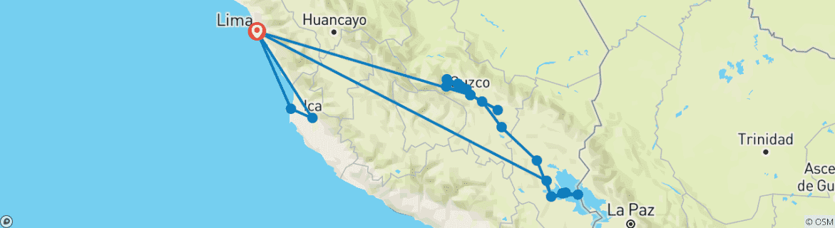 Mapa de Perú Express - 10 Días (Lima - Cusco - Machu Picchu & Puno) Con Vuelos Nacionales