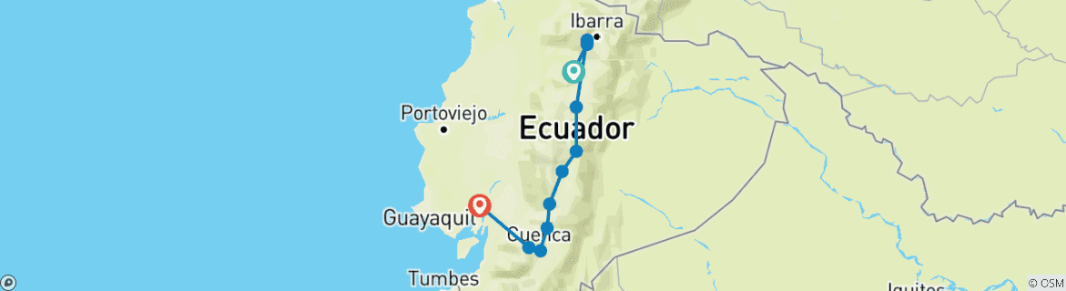 Image of a map showing the route of the tour