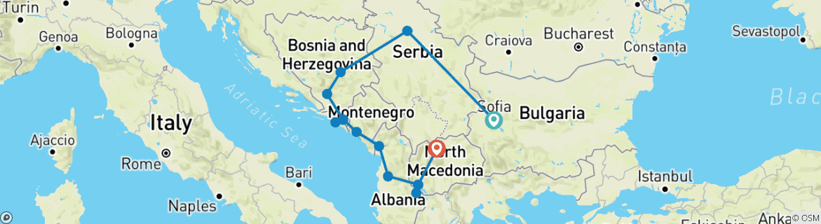 Image of a map showing the route of the tour