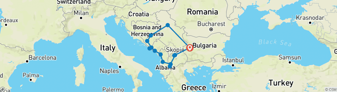 Image of a map showing the route of the tour
