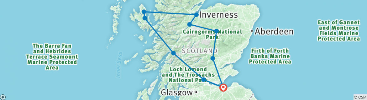 Image of a map showing the route of the tour