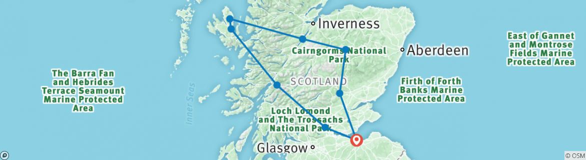 Image of a map showing the route of the tour
