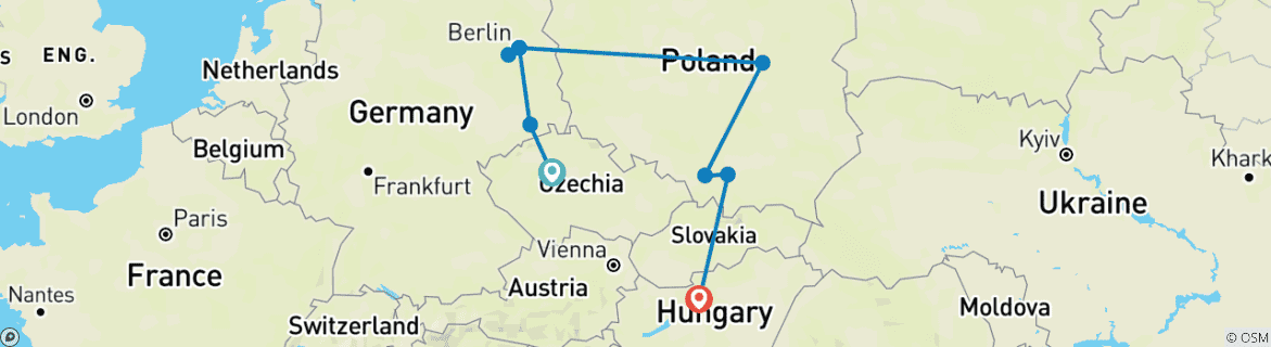 Image of a map showing the route of the tour