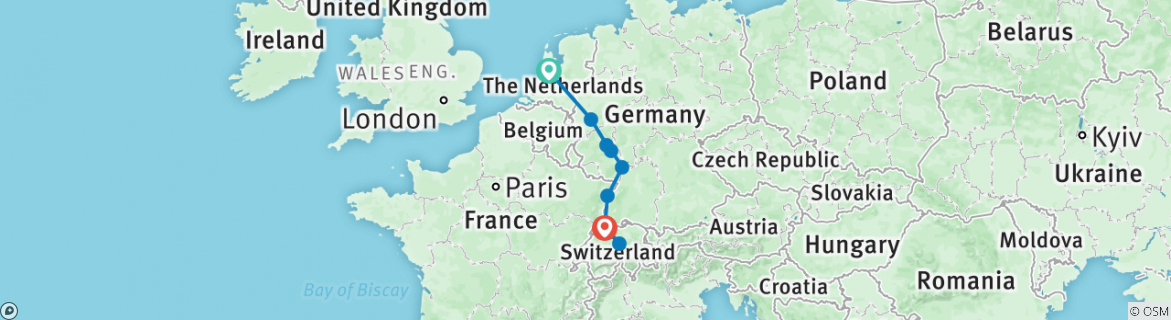 Image of a map showing the route of the tour