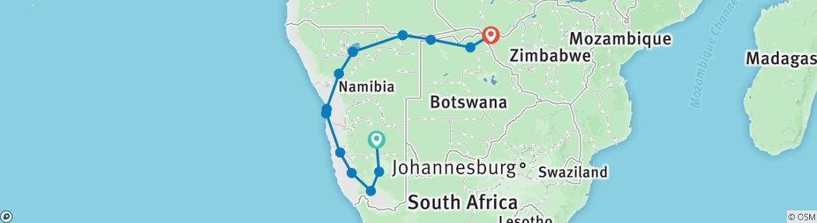 Image of a map showing the route of the tour