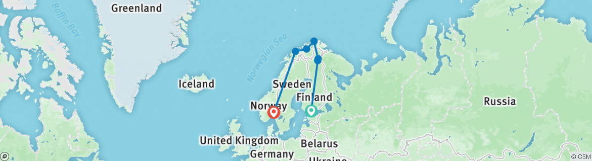 Image of a map showing the route of the tour