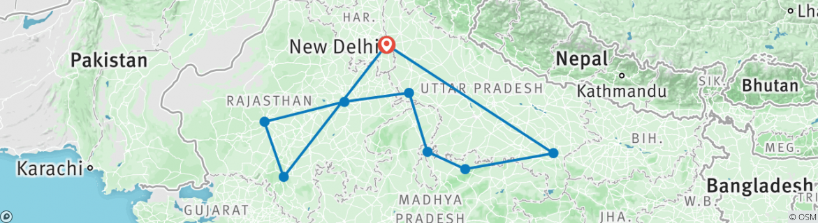 Image of a map showing the route of the tour