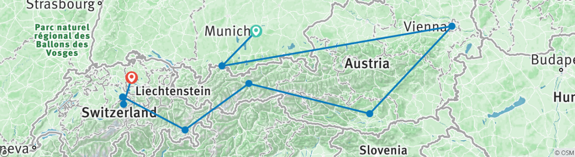 Image of a map showing the route of the tour