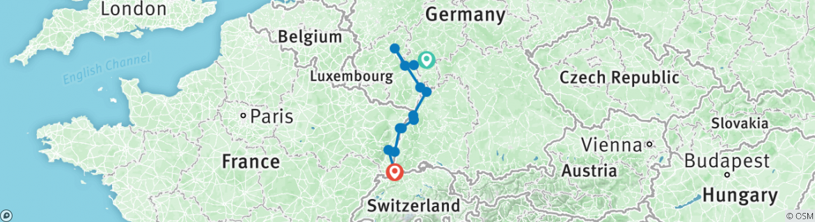 Image of a map showing the route of the tour