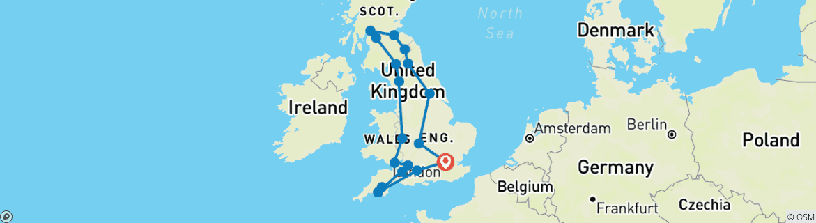 Image of a map showing the route of the tour