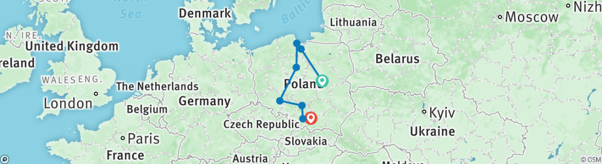 Image of a map showing the route of the tour