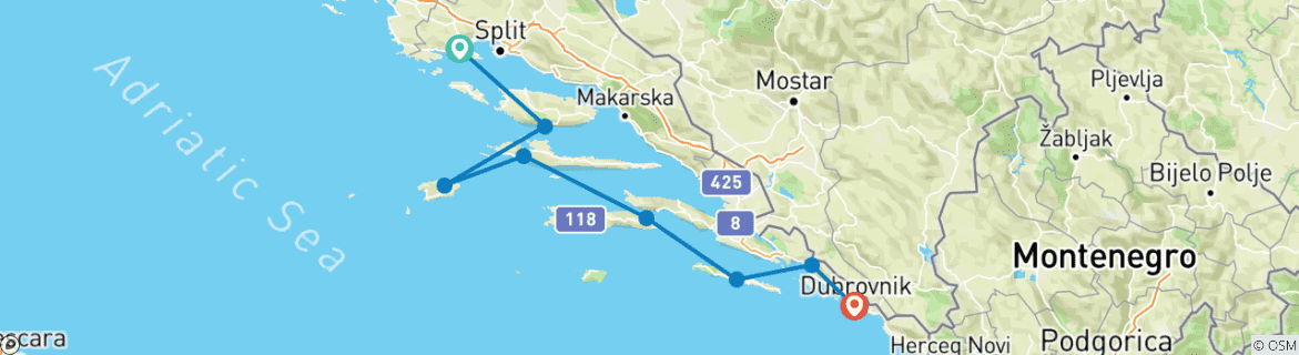 Image of a map showing the route of the tour