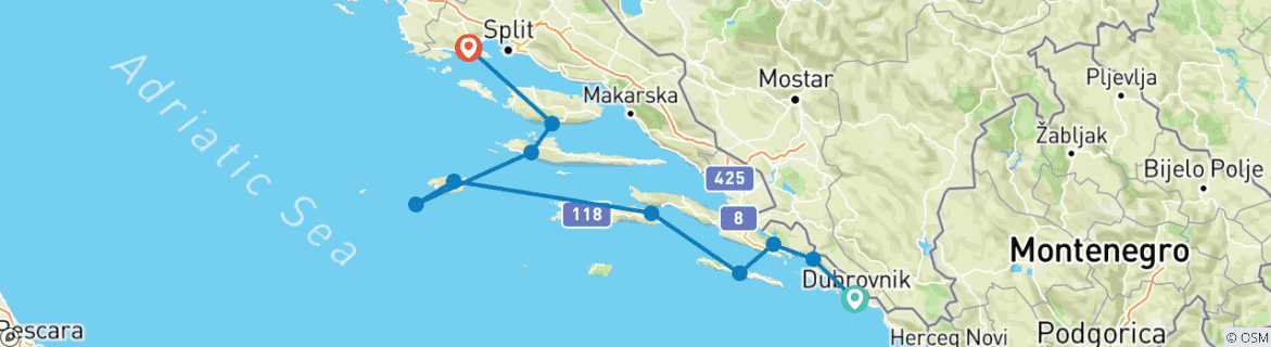 Image of a map showing the route of the tour