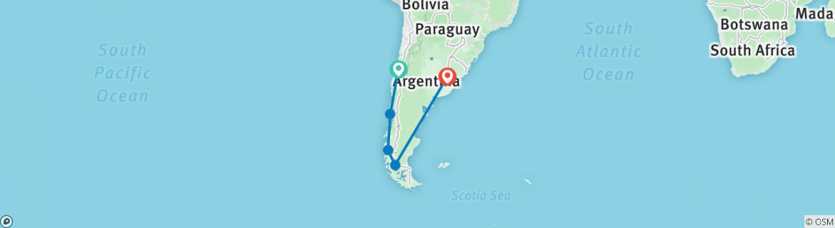 Image of a map showing the route of the tour