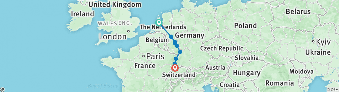 Image of a map showing the route of the tour
