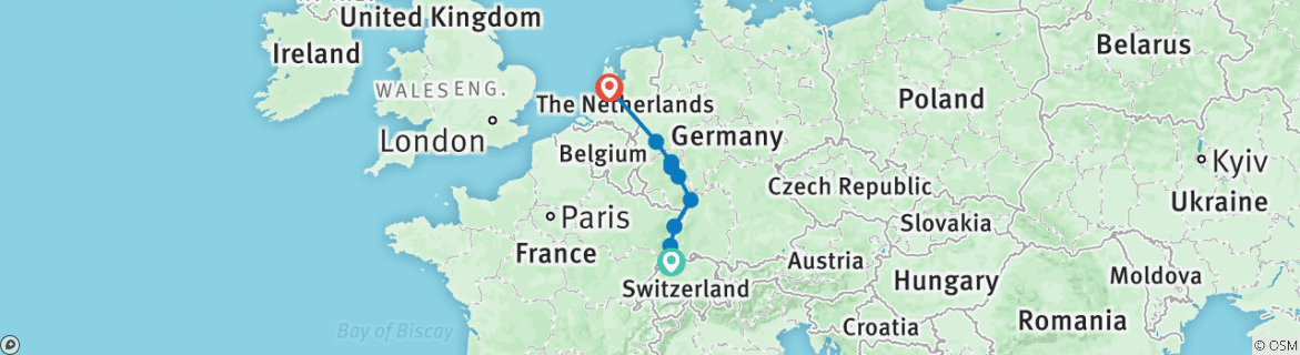 Image of a map showing the route of the tour
