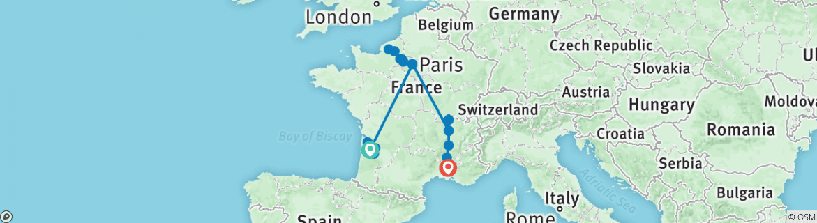 Image of a map showing the route of the tour