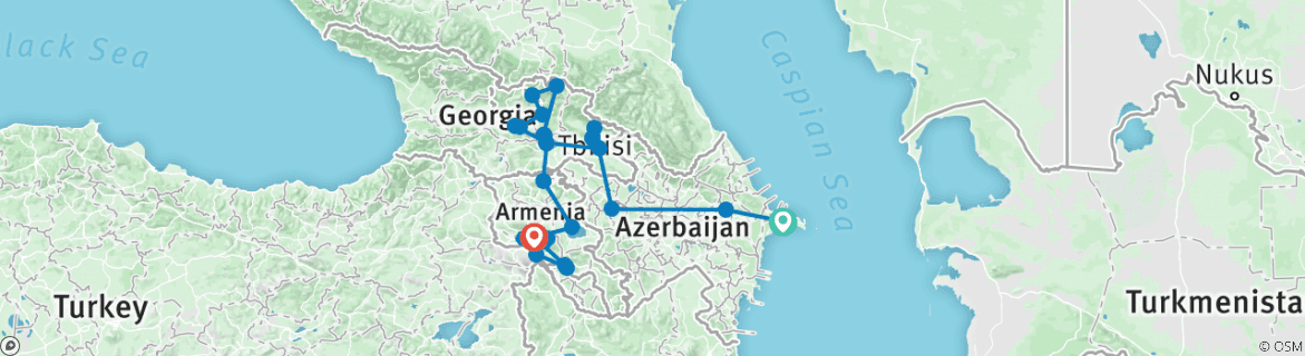 Image of a map showing the route of the tour