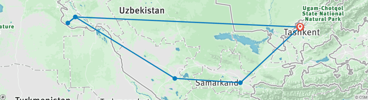 Image of a map showing the route of the tour
