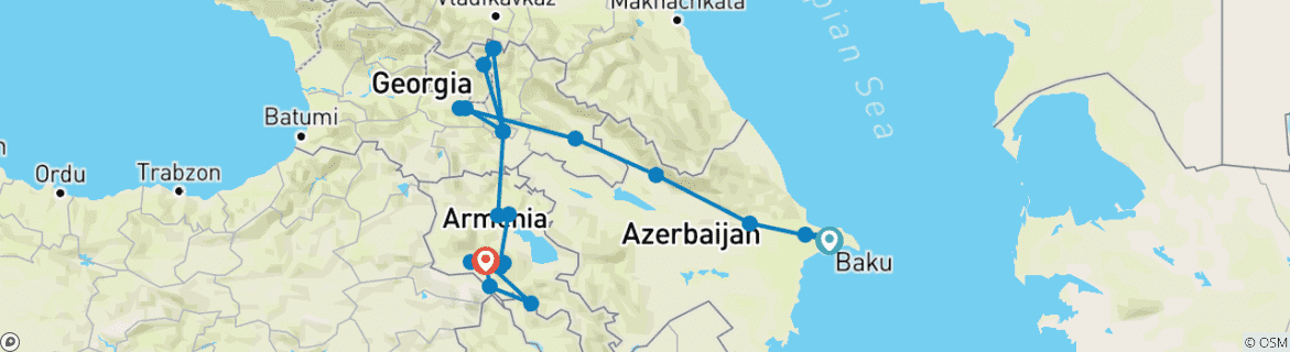 Image of a map showing the route of the tour