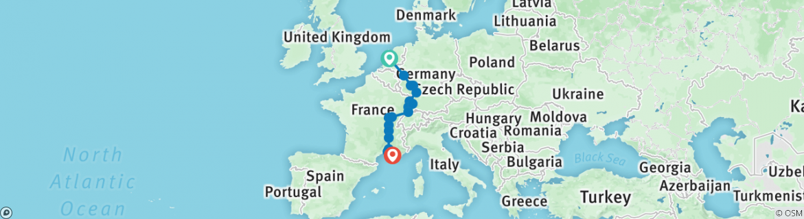 Image of a map showing the route of the tour