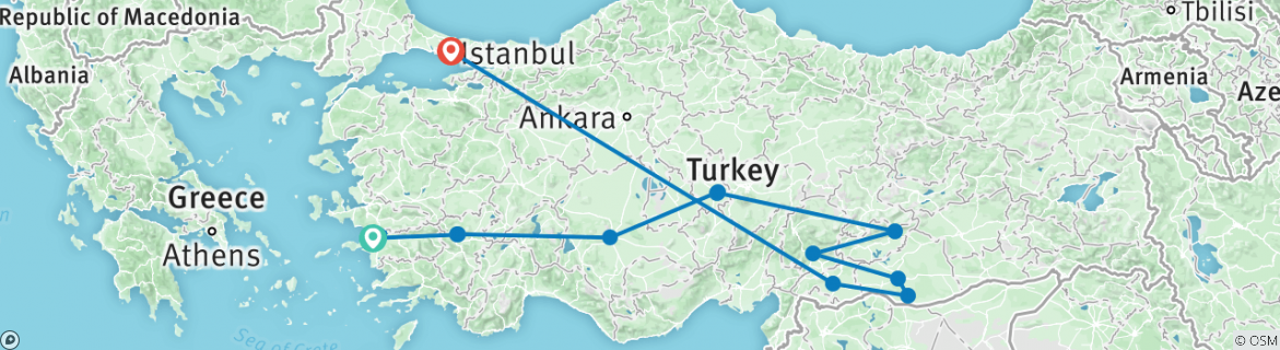 Image of a map showing the route of the tour