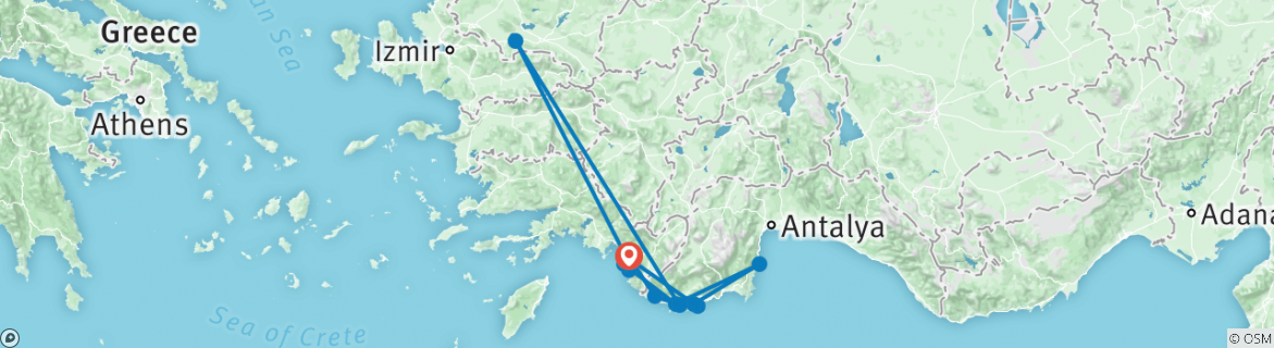 Image of a map showing the route of the tour