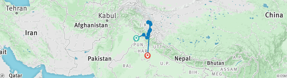 Image of a map showing the route of the tour