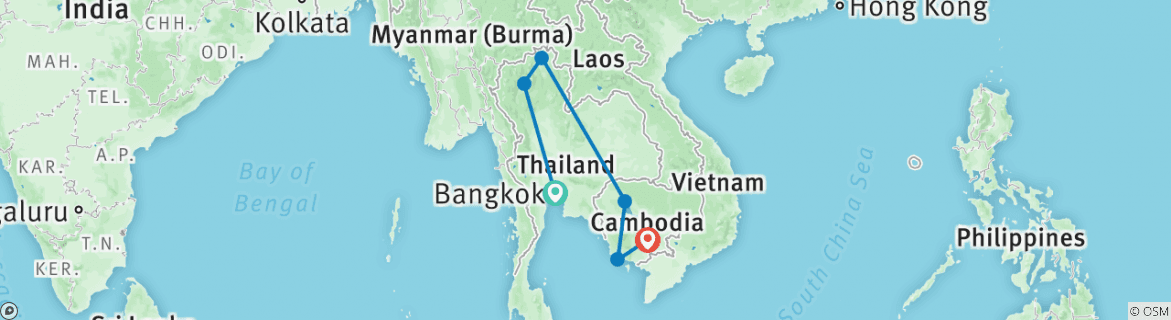Image of a map showing the route of the tour