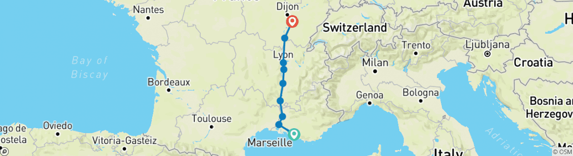 Image of a map showing the route of the tour