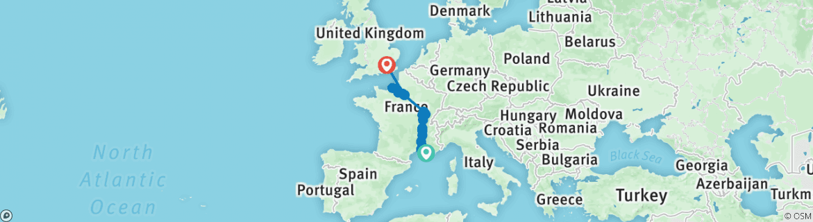 Image of a map showing the route of the tour