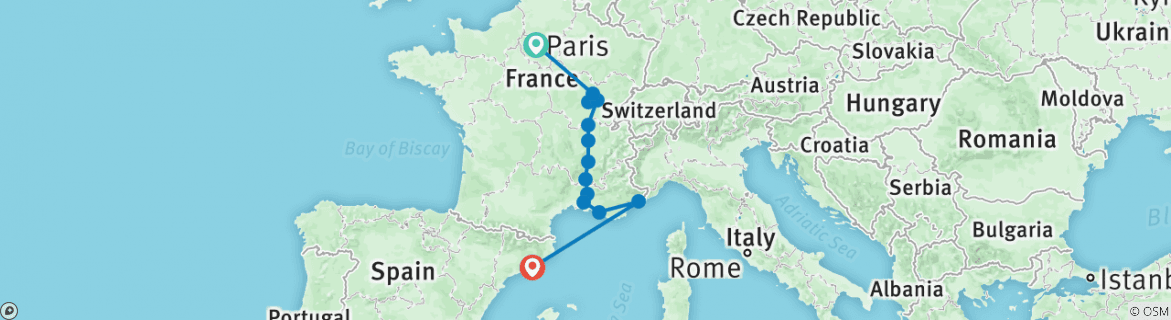 Image of a map showing the route of the tour
