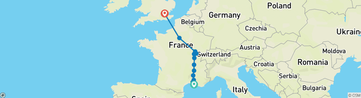 Image of a map showing the route of the tour